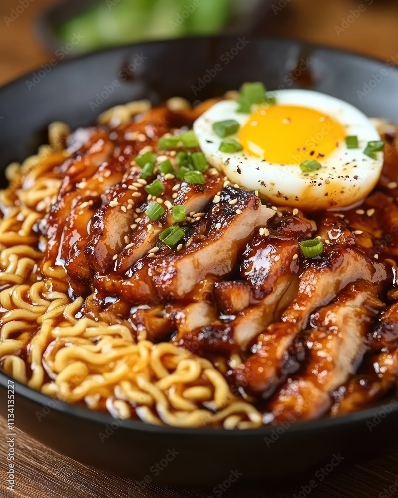 A bowl of ramen topped with grilled chicken, a soft-boiled egg, and green onions. A bowl of ramen topped with grilled chicken, a soft-boiled egg, and green onions.