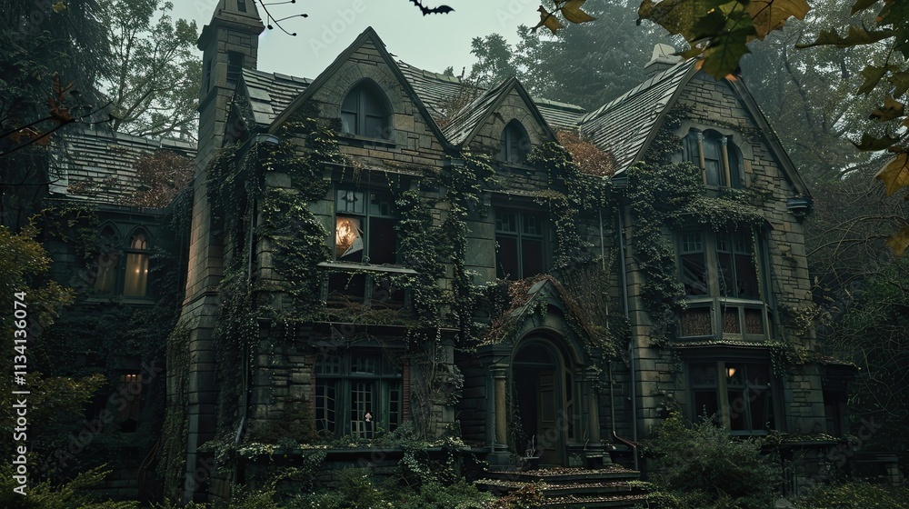 Dark and ominous mansion surrounded by thick trees, illuminated faintly by a mysterious light. Dark and ominous mansion surrounded by thick trees, illuminated faintly by a mysterious light.