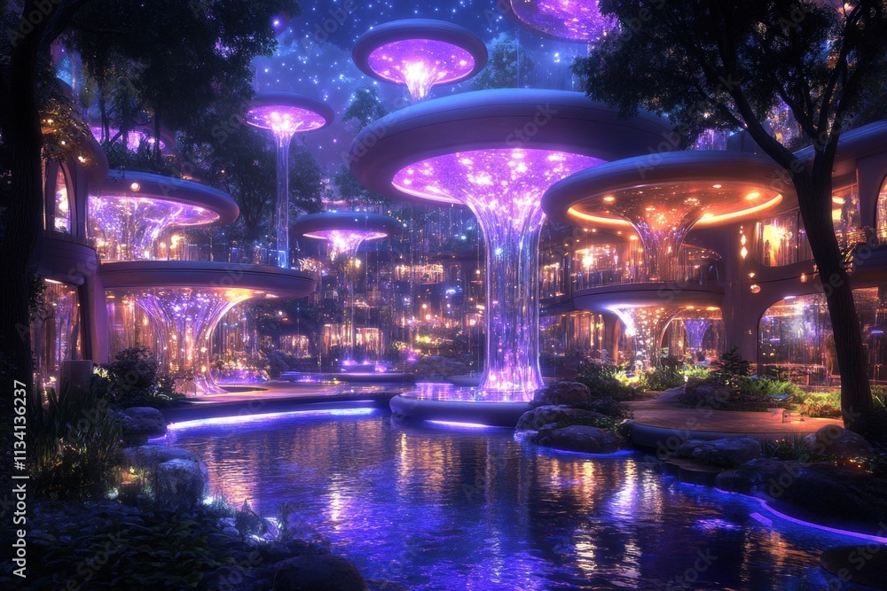 Fototapeta premium Futuristic Night Garden with Illuminated Structures