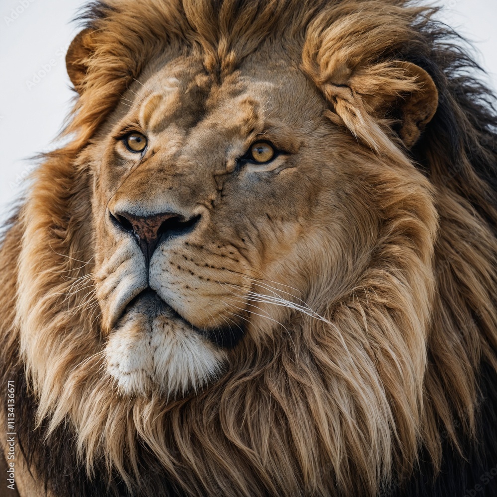 Fototapeta premium A majestic lion with a flowing mane on a white background.
