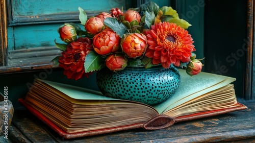 Opened book with colorful pages turning into fresh flowers. A summertime conceptual art collage blending creativity, fun, and modern design aesthetics. photo