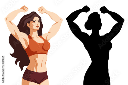 Vector set of women bodybuilder in retro style and black silhouette Collection of strong muscular women. Female power. Clip arts with a sporty women