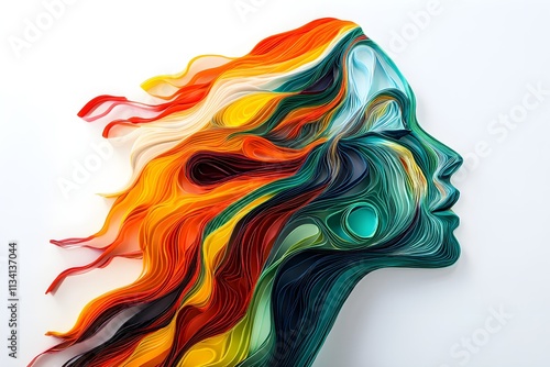 abstract art piece featuring the side view of a woman's head, sculpted entirely from the bending curves of vibrant peacock feathers