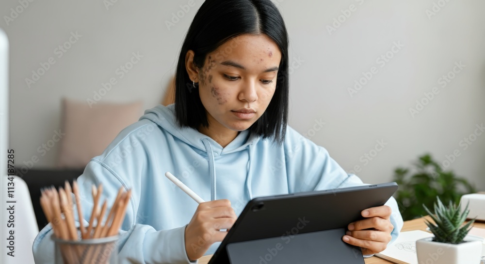 Naklejka premium Focused asian young adult using digital tablet for creative design