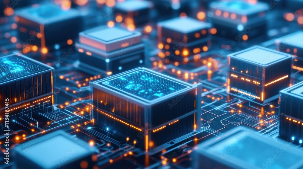 Abstract close-up of a futuristic circuit board with glowing microchips and interconnected pathways, representing advanced technology and digital innovation in computing systems. Abstract close-up of a futuristic circuit board with glowing microchips and interconnected pathways, representing advanced technology and digital innovation in computing systems.