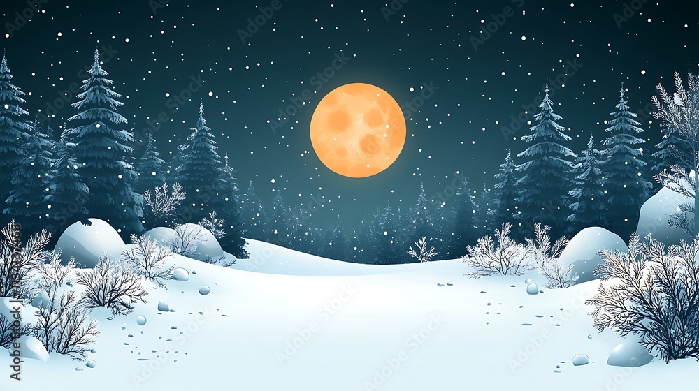 Naklejka premium Winter Night Scene with Snow Falling and Full Moon