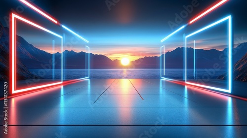 Futuristic retro landscape with sun setting over the sea and mountains in a blur. Minimalistic retro style with neon lights creating a vibrant banner-like 3D render. photo