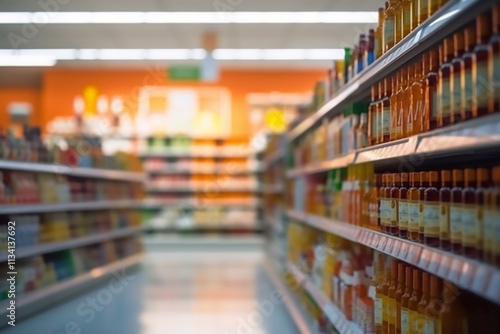 Wallpaper Mural Blurred background of a supermarket with defocused shelves displaying various products under bright lighting. a grocery store aisle filled with various food products and condiments.

 Torontodigital.ca