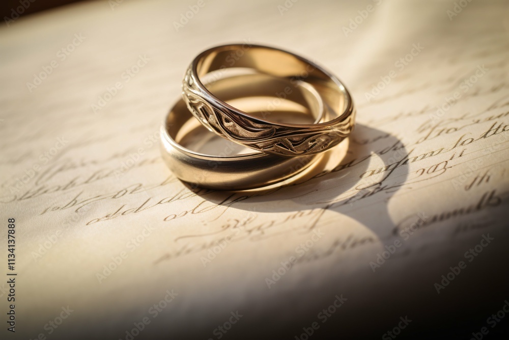 A close-up of entwined wedding rings on an open love letter, infused with soft lighting, beautifully symbolizes unwavering commitment and devotion. A close-up of entwined wedding rings on an open love letter, infused with soft lighting, beautifully symbolizes unwavering commitment and devotion.