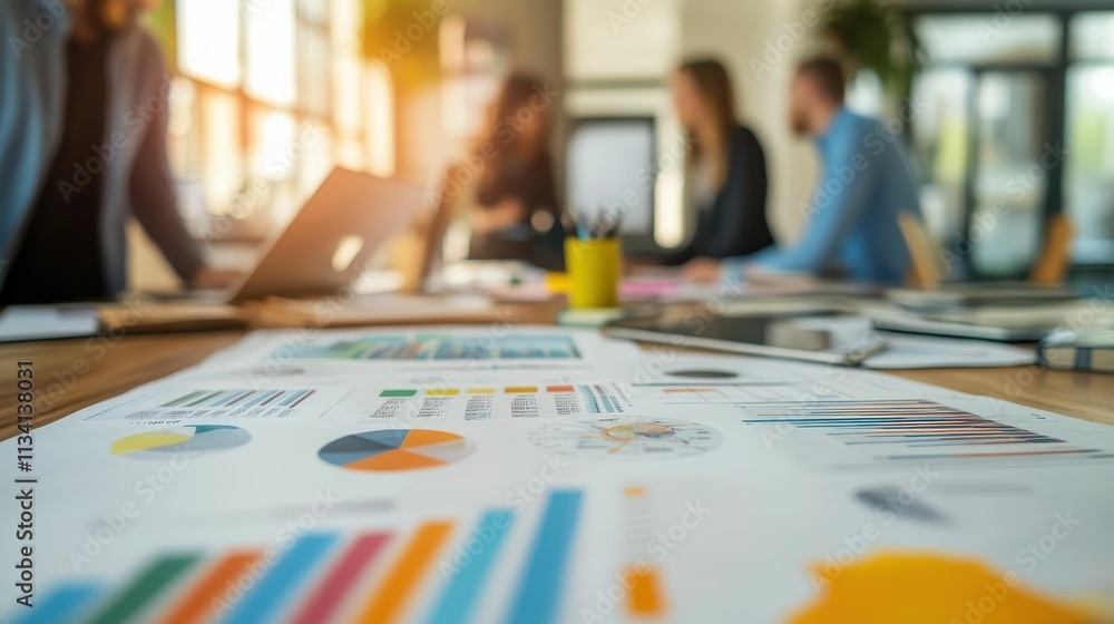 Colorful charts, blurred colleagues, business meeting. Colorful charts, blurred colleagues, business meeting.