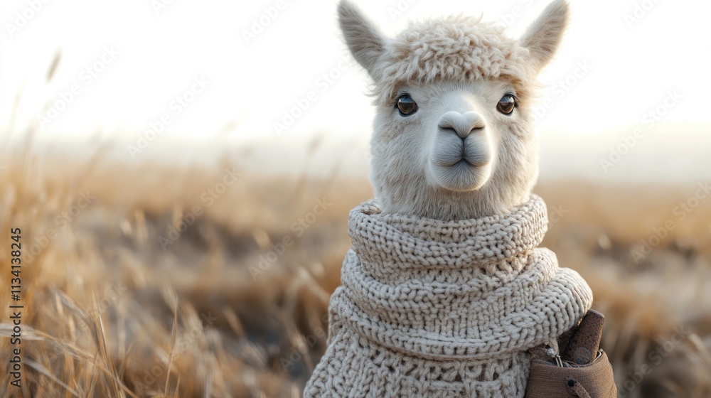 Adorable alpaca wearing a knitted scarf in a golden field. Adorable alpaca wearing a knitted scarf in a golden field.