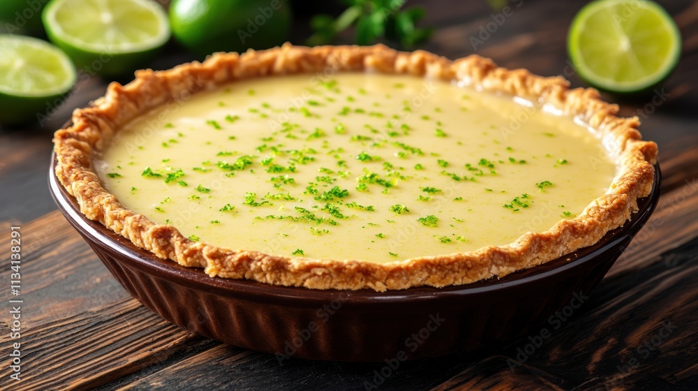 A delicious lime pie with a golden filling and a crumbly crust, garnished with lime zest. A delicious lime pie with a golden filling and a crumbly crust, garnished with lime zest.
