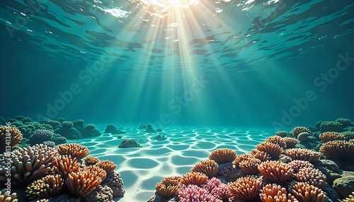 Fototapeta Naklejka Na Ścianę i Meble -  underwater coral reef with sun and sunlight in clear blue water of tropical ocean