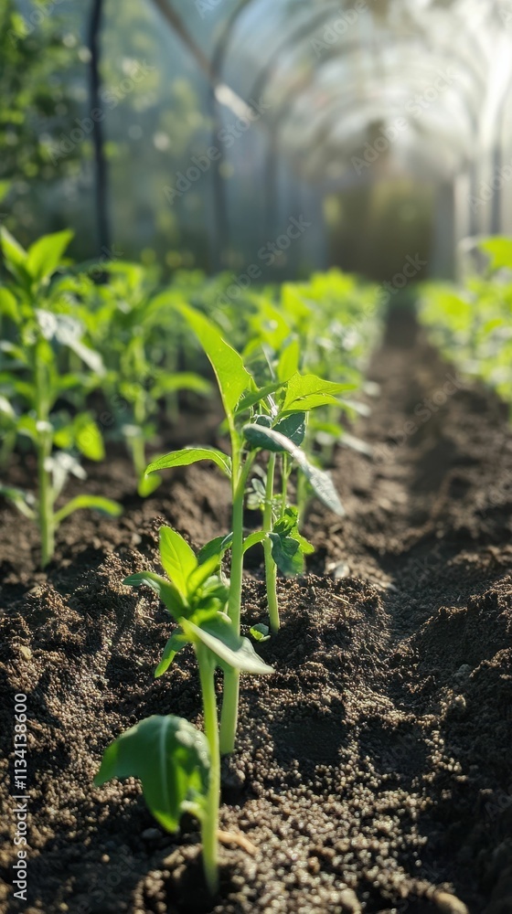 Young plants sprout in sunlit soil rows. Young plants sprout in sunlit soil rows.