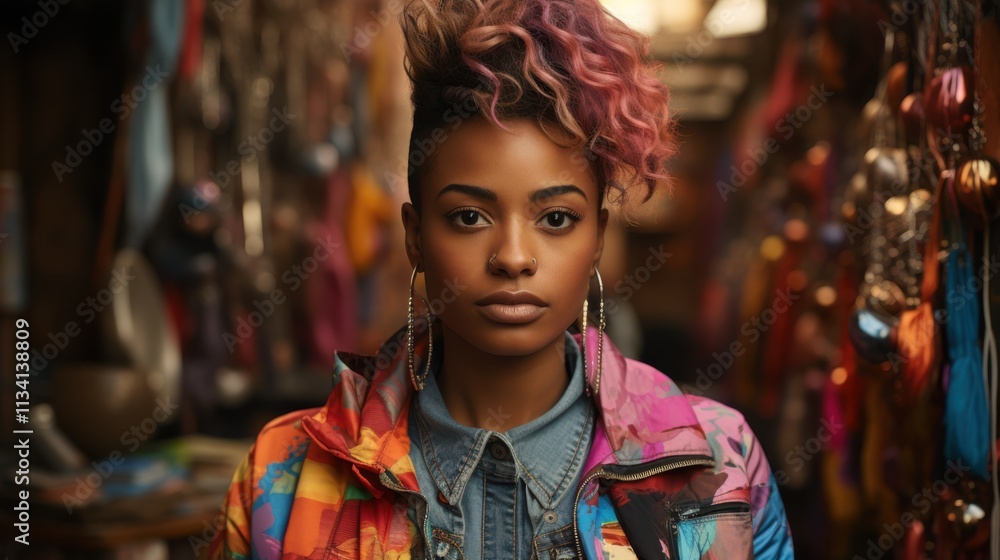 Stylish young Black woman with colorful hair in vibrant jacket, showcasing bold fashion. Stylish young Black woman with colorful hair in vibrant jacket, showcasing bold fashion.