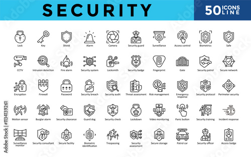 Security icons set with lock, key, shield, alarm, camera, security guard, surveillance, access control, biometrics, safe icon. Simple line vector 
