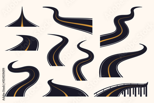 Set of winding road element templates. Creative vector symbol isolated in white background.