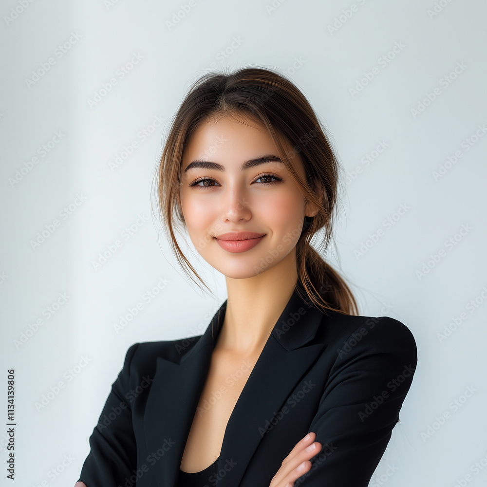 a caucasian european russian uzbekistan Professional bussiness woman smiling with crossed hands arms elegant poses attire wearing formal woman suits in front of the camera white background AI generate a caucasian european russian uzbekistan Professional bussiness woman smiling with crossed hands arms elegant poses attire wearing formal woman suits in front of the camera white background AI generate