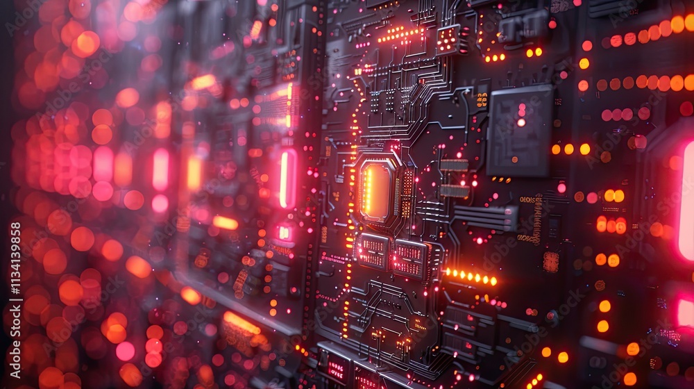 Obraz premium Futuristic circuit board illuminated by neon lights featuring intricate details of electronic components, ideal for technology and innovation concepts