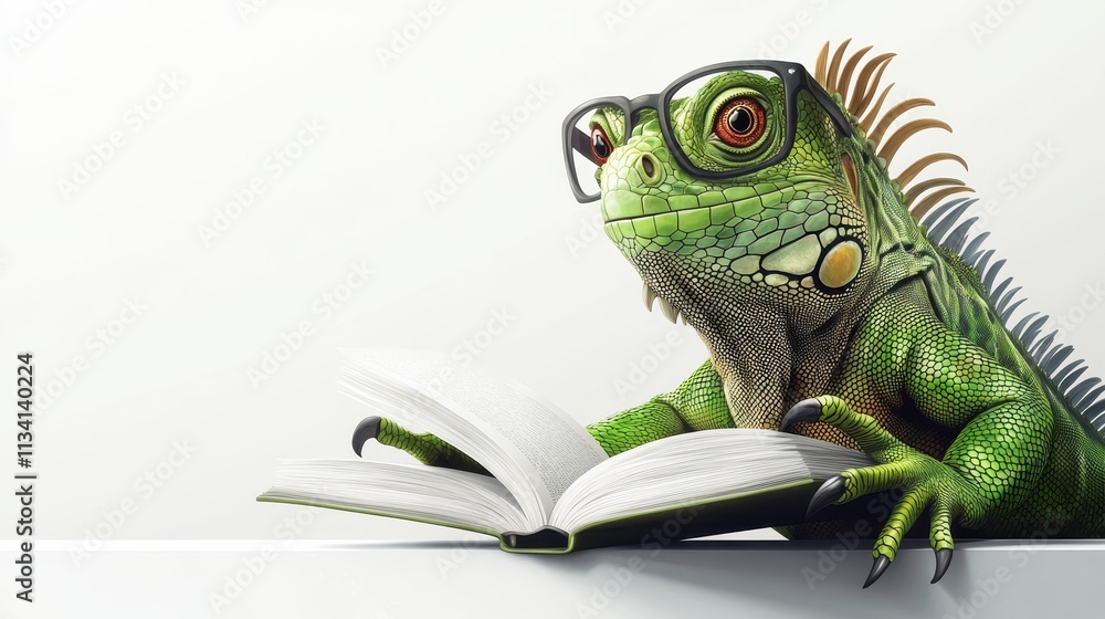 Fototapeta premium Intelligent Iguana Wearing Glasses Reading a Book in a Minimalist Setting