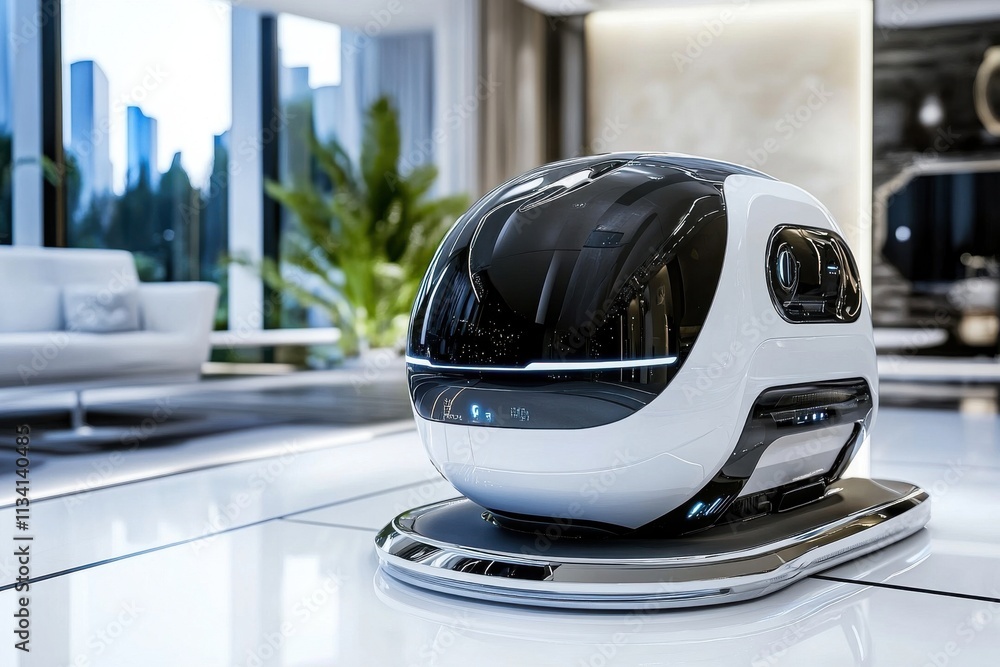 Futuristic Autonomous Robot in Modern Living Space with Sleek Design and Clean Aesthetic, Showcasing Innovation and Technology Integration in Interior Decor Futuristic Autonomous Robot in Modern Living Space with Sleek Design and Clean Aesthetic, Showcasing Innovation and Technology Integration in Interior Decor