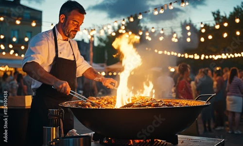 A chef grilling food over an open flame at a lively outdoor event.