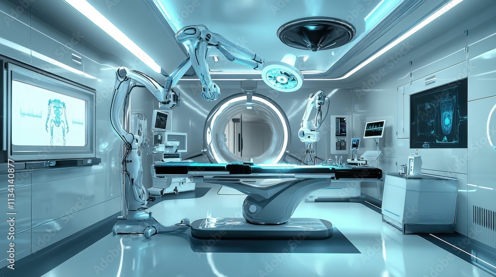 Futuristic operating room; robotic surgical arms, monitors. Futuristic operating room; robotic surgical arms, monitors.