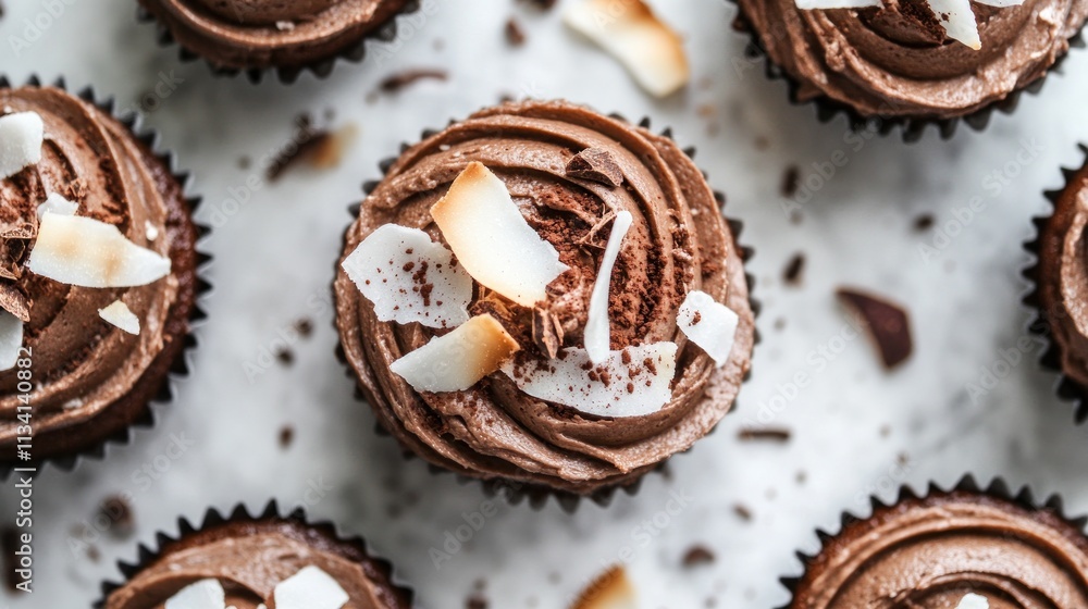 Delicious chocolate cupcakes topped with coconut flakes and cocoa. Delicious chocolate cupcakes topped with coconut flakes and cocoa.