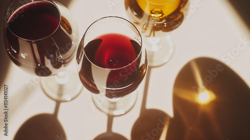 Abstract closeup view of golden and red wine glasses, ideal for restaurant or bar website banners and headers