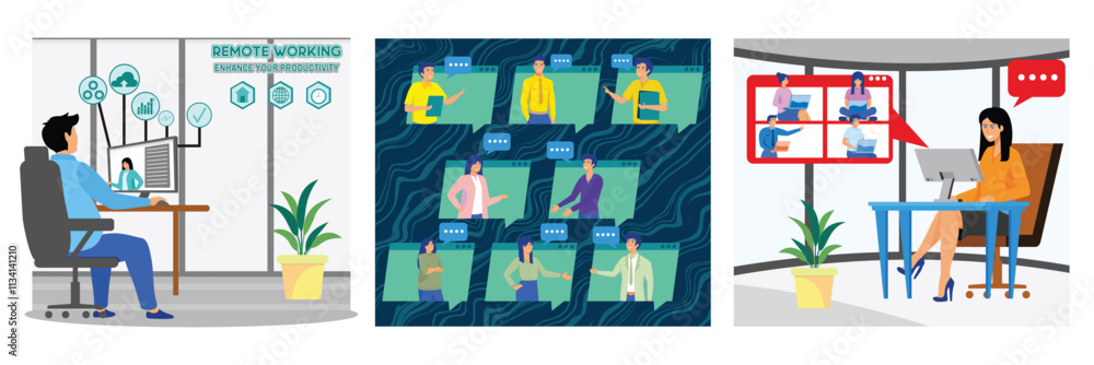 Fototapeta premium Video Call and Productivity Tools. Business communication via internet. Happy young Businesswoman talking to colleagues. Set flat vector modern illustration