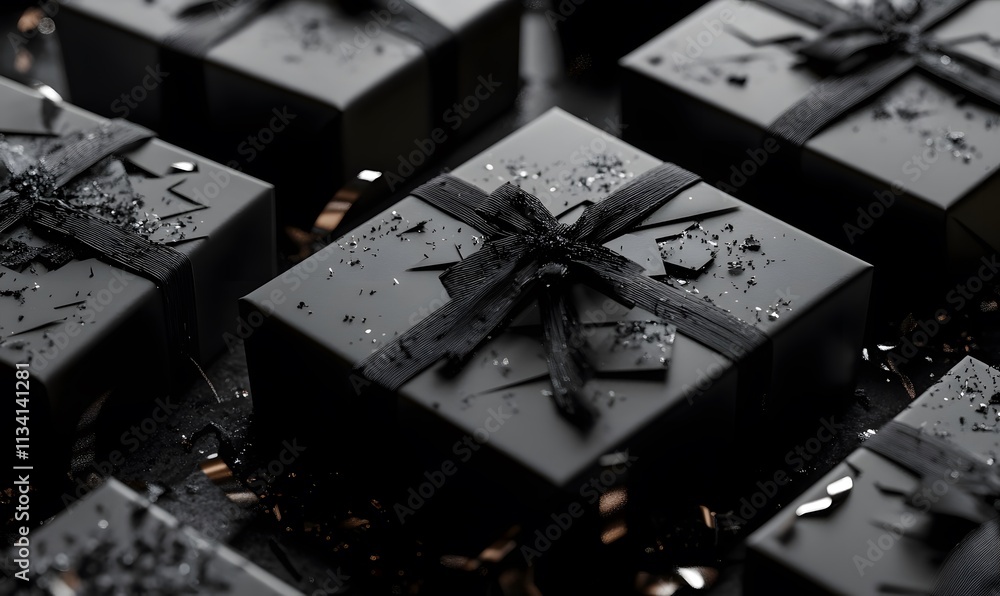 Black gifts with ribbons and glittery confetti. Black gifts with ribbons and glittery confetti.