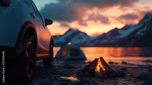 Wallpaper Mural A modern SUV parked near a campsite at a picturesque mountain lake at sunset Torontodigital.ca
