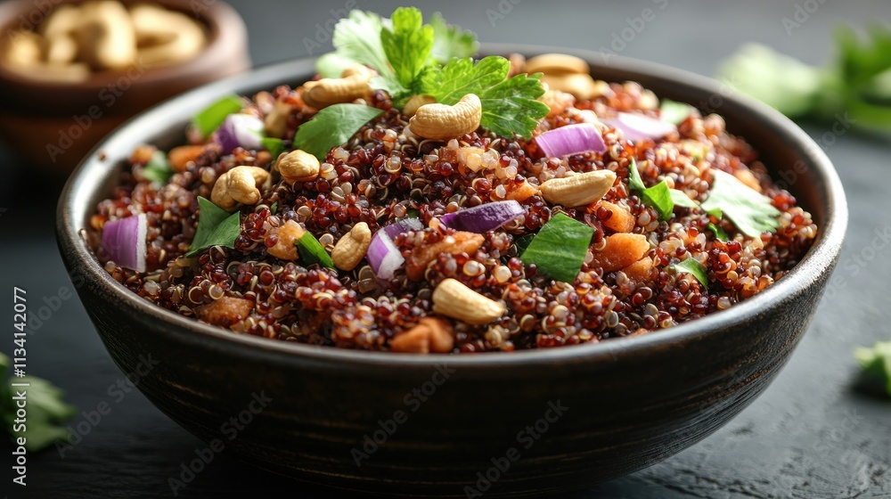 A bowl of colorful quinoa salad topped with nuts and herbs, showcasing healthy cuisine. A bowl of colorful quinoa salad topped with nuts and herbs, showcasing healthy cuisine.