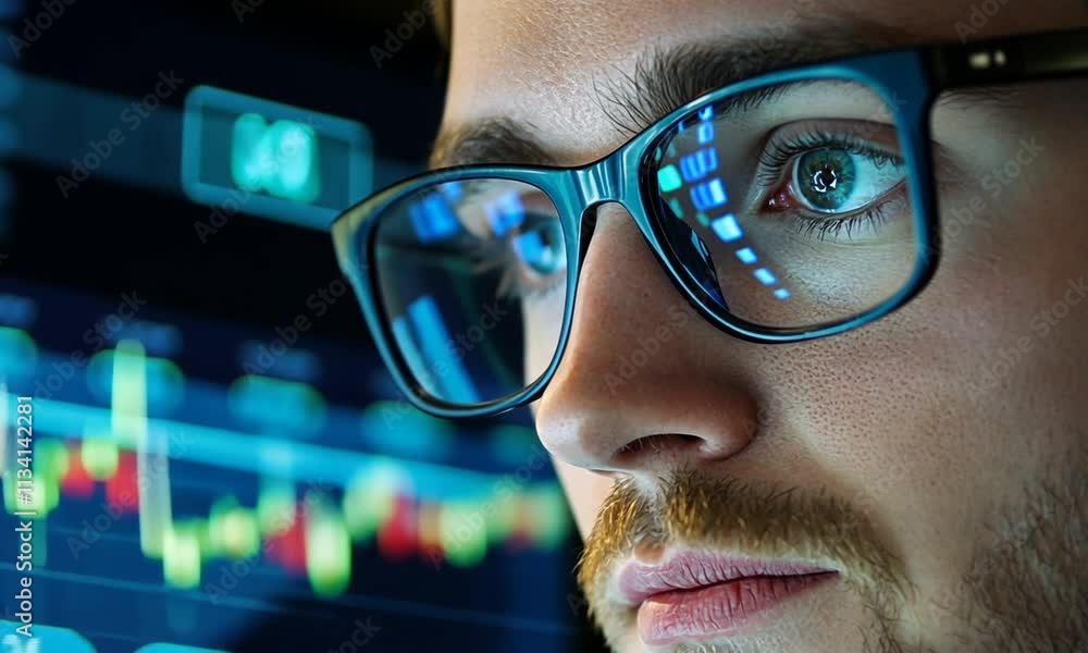 A close-up of a person wearing glasses, focused on digital data displays in the background. A close-up of a person wearing glasses, focused on digital data displays in the background.