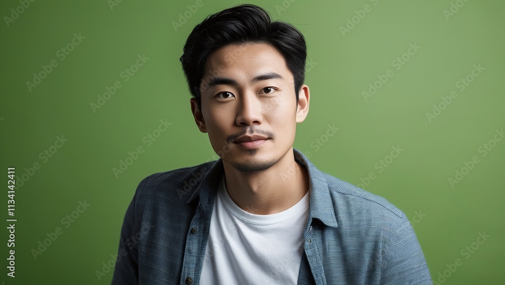 Fototapeta premium Portrait of young Asian man posing on green background