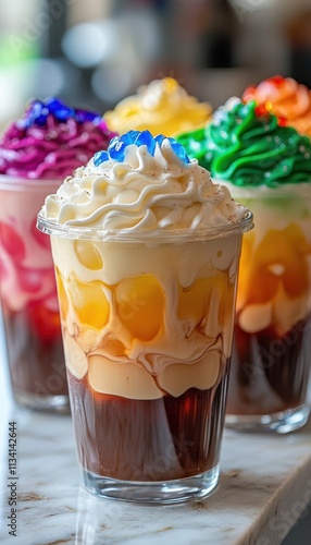 Colorful layered desserts topped with whipped cream and jelly, served in clear cups.