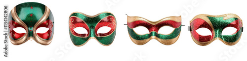 Assortment of vibrant and ornate Venetian carnival masks in various colors and designs perfect for masquerade parties holiday theatrical performances photo