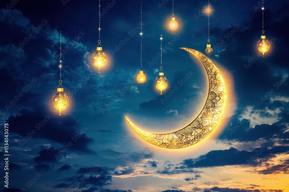 Celestial Crescent Moon Night: Ramadan's Golden Glow with Hanging Lanterns Celestial Crescent Moon Night: Ramadan's Golden Glow with Hanging Lanterns