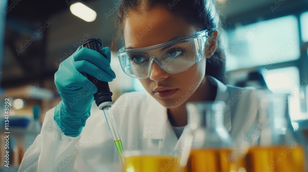 Scientist uses pipette, analyzing liquids in lab. Scientist uses pipette, analyzing liquids in lab.