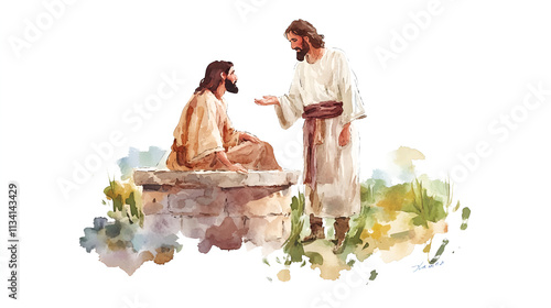 Jesus talking to a Samaritan Woman at the Well Digital watercolor illustration cover poster copy space cute soft watercolor painting on white backgorund photo