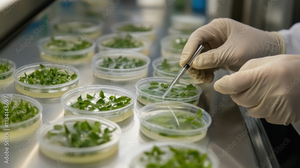 Gloved hands pipette liquid onto seedlings in lab dishes. Gloved hands pipette liquid onto seedlings in lab dishes.