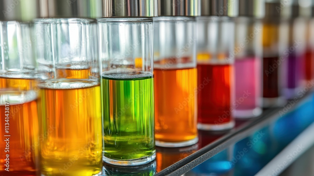 Colorful liquids in glass cylinders on shelf. Colorful liquids in glass cylinders on shelf.
