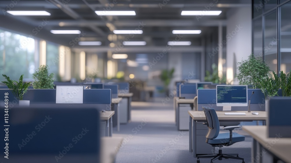 Modern Office Workspace with Blue Partitions Modern Office Workspace with Blue Partitions
