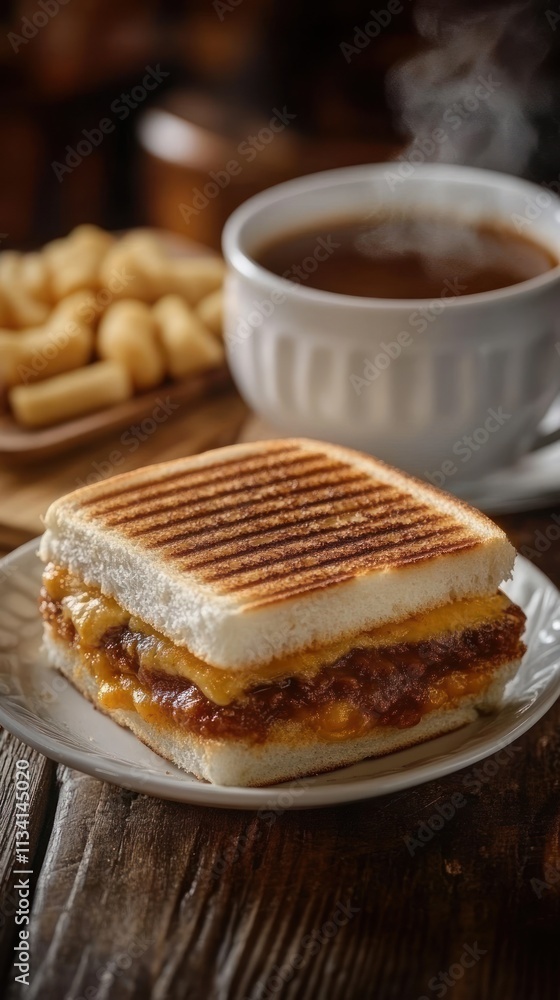 A toasted sandwich with melted cheese and a cup of coffee, perfect for a cozy meal. A toasted sandwich with melted cheese and a cup of coffee, perfect for a cozy meal.