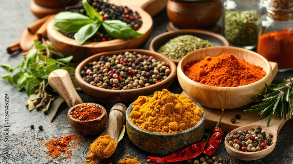 A vibrant arrangement of various spices and herbs in bowls, showcasing colorful powders and seeds, perfect for enhancing culinary creations. A vibrant arrangement of various spices and herbs in bowls, showcasing colorful powders and seeds, perfect for enhancing culinary creations.