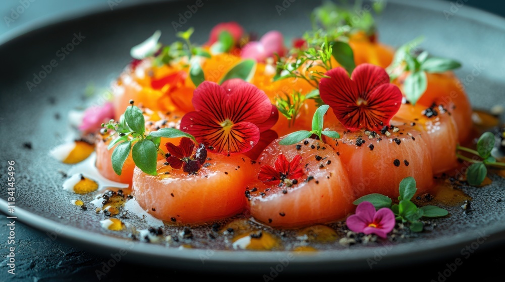 Colorful salmon sashimi garnished with edible flowers and fresh herbs. Colorful salmon sashimi garnished with edible flowers and fresh herbs.
