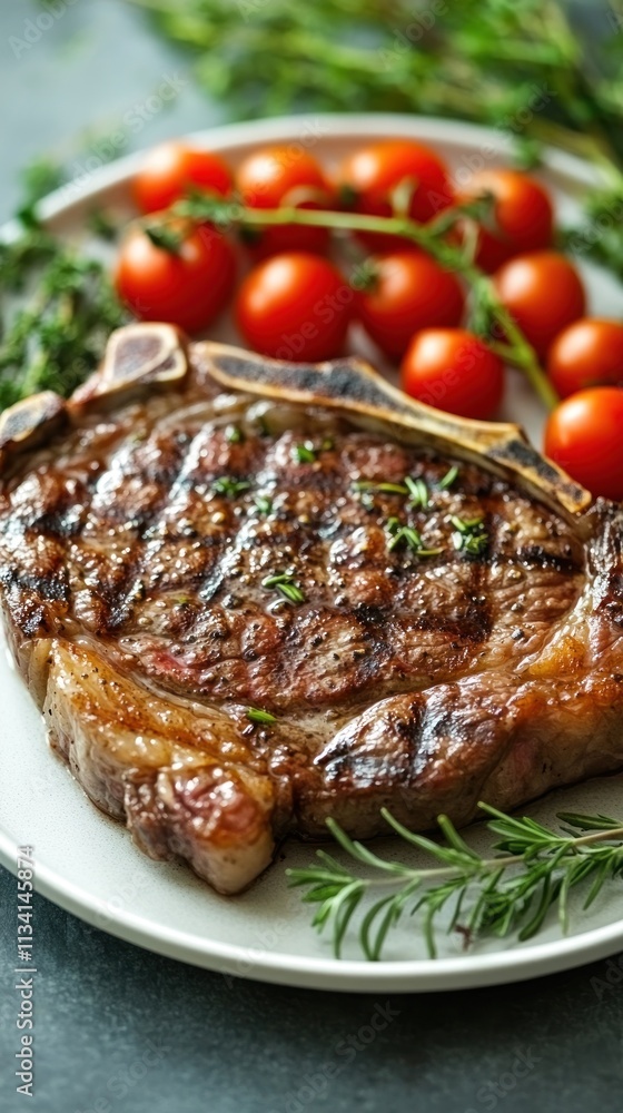 A grilled steak served with fresh tomatoes and herbs on a plate. A grilled steak served with fresh tomatoes and herbs on a plate.