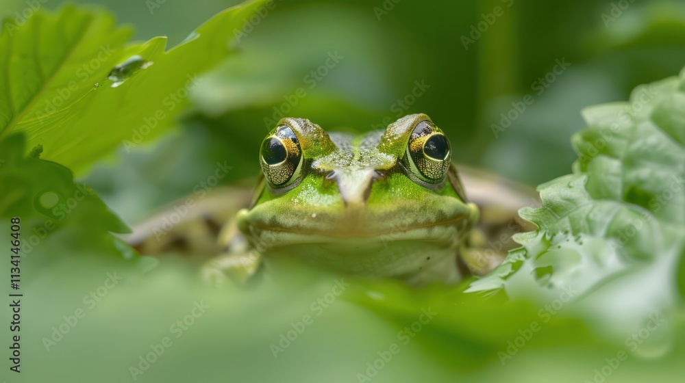 A close-up of a green frog peeking through lush green foliage, showcasing its distinctive features and vibrant colors. A close-up of a green frog peeking through lush green foliage, showcasing its distinctive features and vibrant colors.