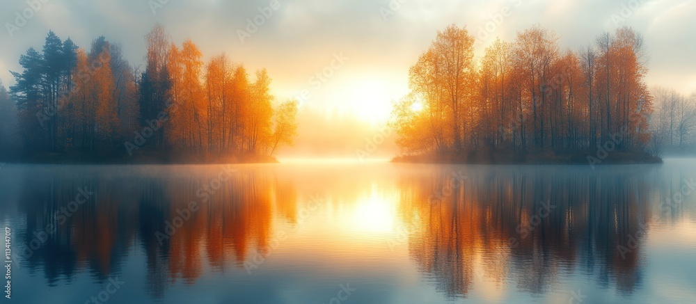 Fototapeta premium Misty sunrise over calm lake with autumn trees.