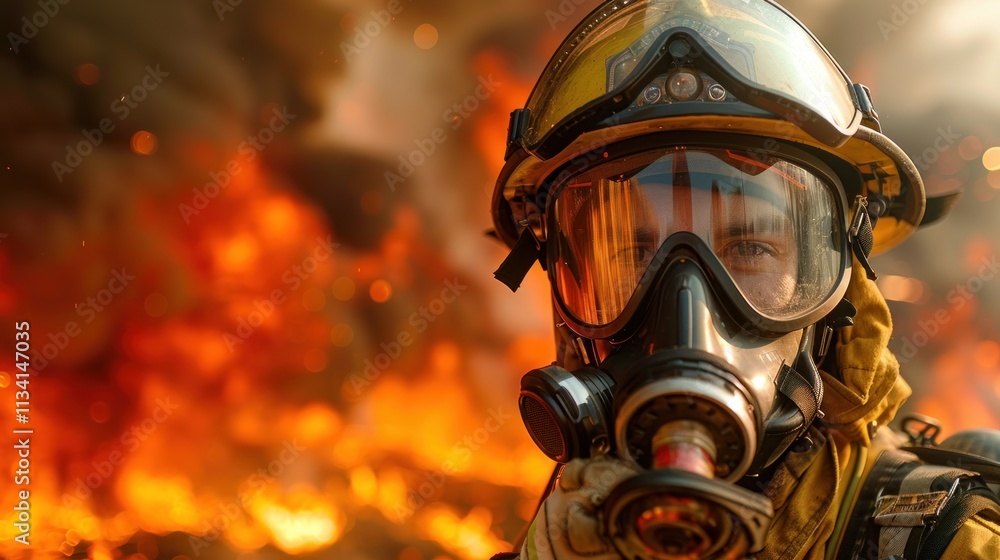 Close-up portrait of a firefighter wearing a respirator mask, with a wildfire raging in the background. Close-up portrait of a firefighter wearing a respirator mask, with a wildfire raging in the background.